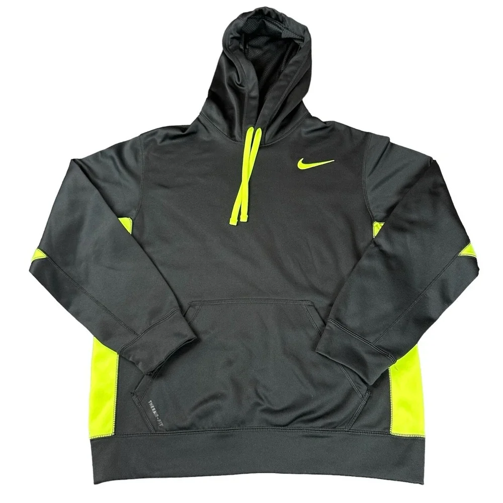 NIKE Therma-FIT Men's Medium Black Neon Pullover Hoodie Sweatshirt‎ Pockets